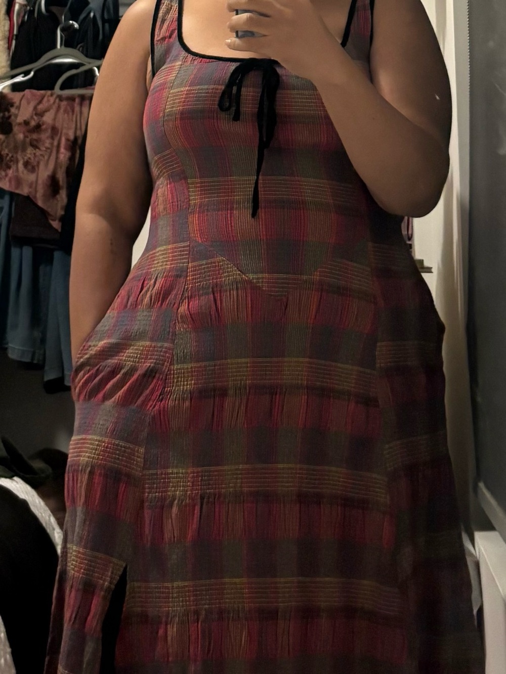 Free People Freya Strappy Midi Dress in Cherry Plaid with Black Trim - Picture 7 of 7